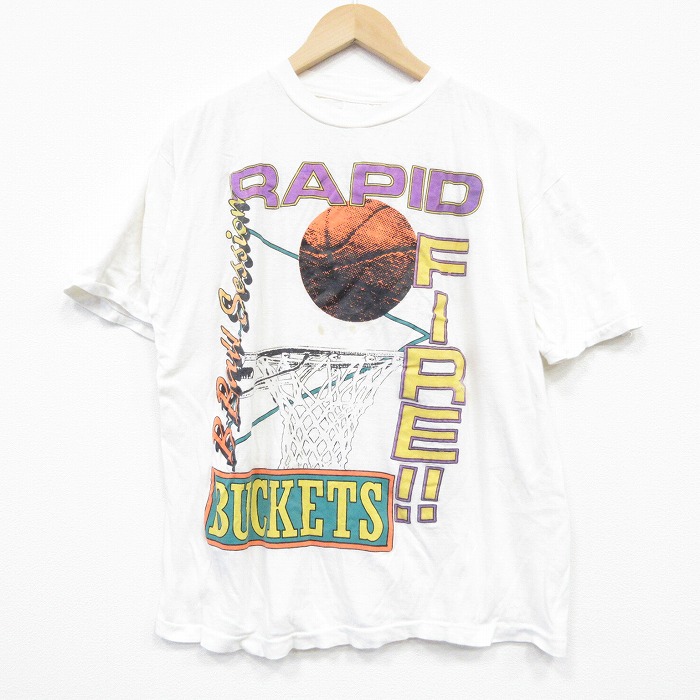 L★古着 半袖 ビンテージ Tシャツ メンズ 90年代 90s バスケットボール クルーネック 白 ホワイト 25sep02 中古