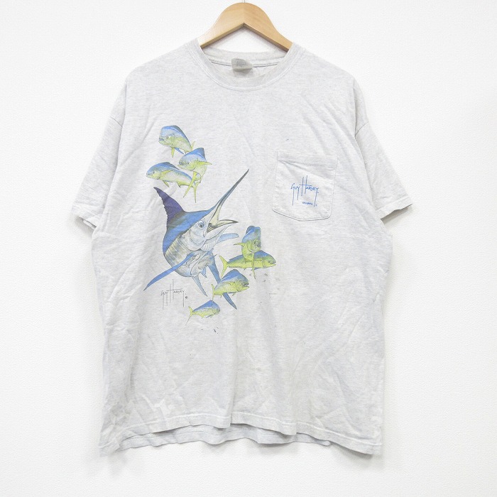 【20%OFF】XL★古着 GUY HARVEY 半袖 ビンテージ Tシャツ メンズ 90年代 90s 魚 胸ポケット付き 大きいサイズ コットン クルーネック 薄グレー 霜降り 25sep04 中古