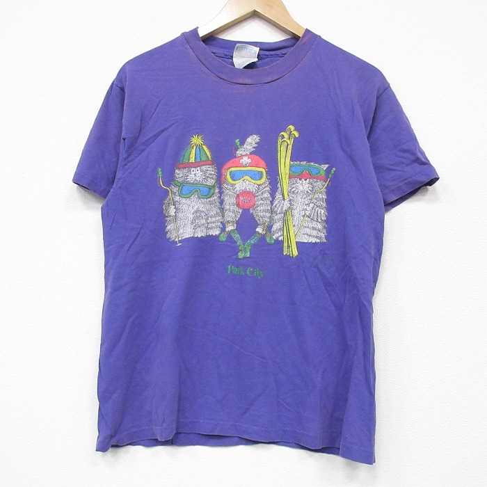 M★古着 ヘインズ Hanes 半袖 ビンテージ Tシャツ メンズ 90年代 90s ネコ 両面プリント コットン クルーネック USA製 紫 パープル 25sep04 中古
