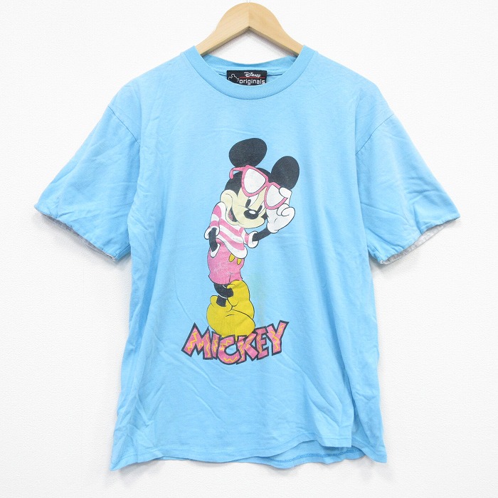 【20%OFF】L★古着 半袖 ビンテージ Tシャツ メンズ 90年代 90s ディズニー DISNEY ミッキー MICKEY MOUSE コットン クルーネック USA製 水色 【spe】 25sep06 中古