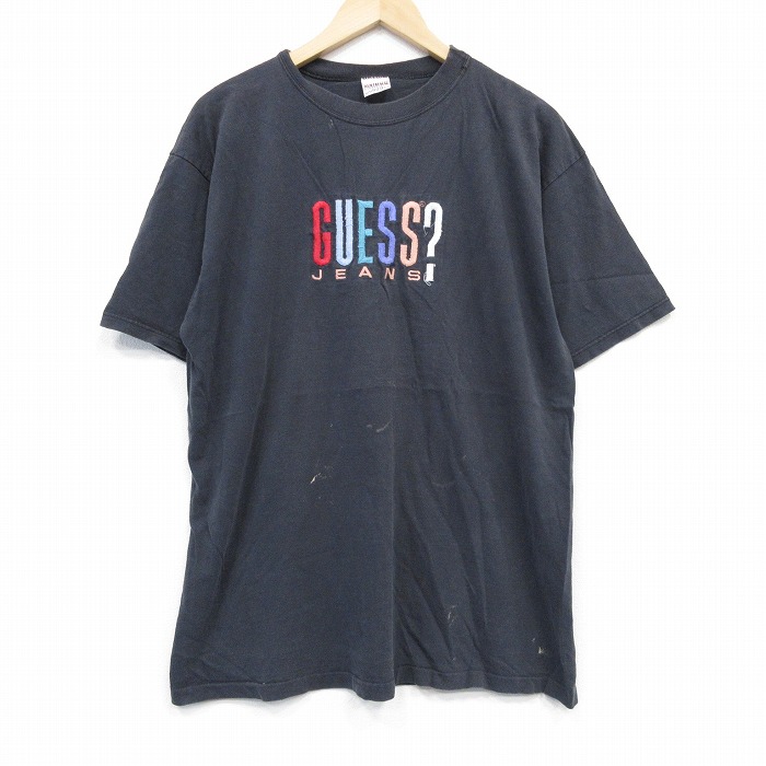 【50%OFF】ゲス 90s 半袖Tシャツ ビッグロゴ刺繍 ブラック XL | 古着