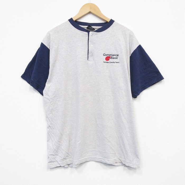 XL★古着 半袖 ビンテージ Tシャツ メンズ 90年代 90s コマース銀行 コットン ツートンカラー ヘンリーネック 薄グレー他 霜降り 25sep06 中古
