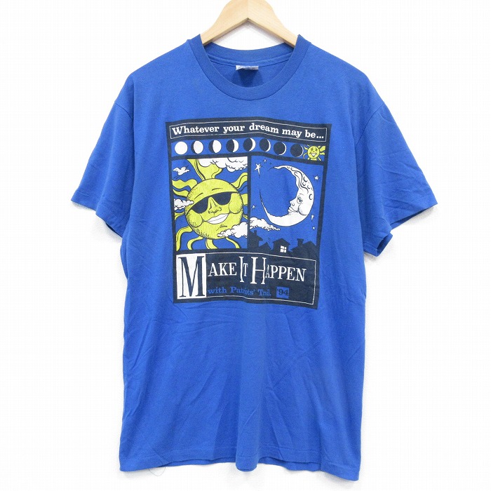 L★古着 ヘインズ Hanes 半袖 ビンテージ Tシャツ メンズ 90年代 90s 太陽 月 クルーネック 青 ブルー 25sep06 中古