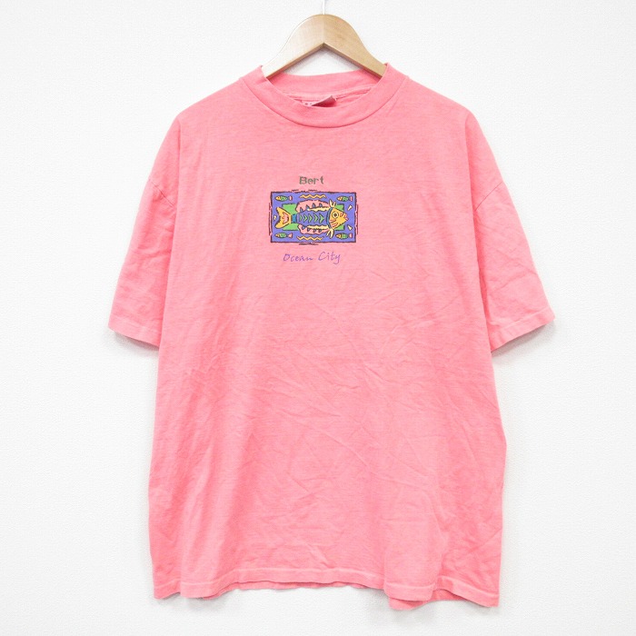【20%OFF】XL★古着 半袖 ビンテージ Tシャツ メンズ 90年代 90s 魚 大きいサイズ コットン クルーネック USA製 ピンク 25sep06 中古