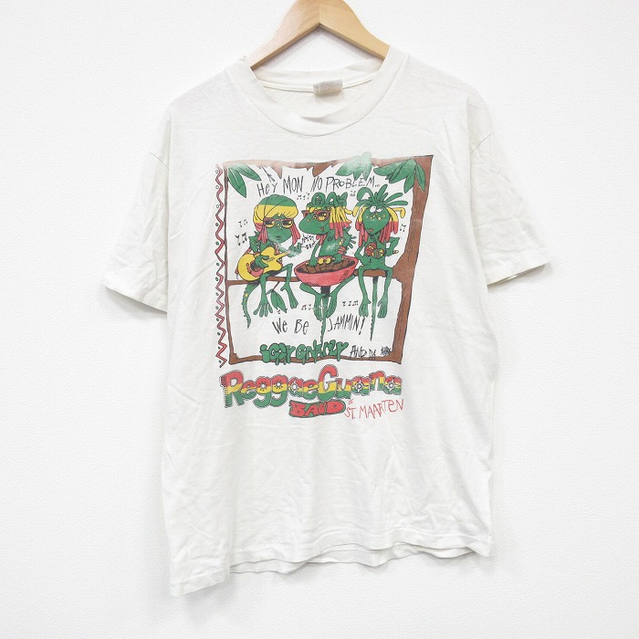 L★古着ヘインズ 半袖 ビンテージ Tシャツ メンズ 90年代 90s レゲエ イグアナ コットン クルーネック USA製 白 ホワイト 【spe】 25sep06 中古