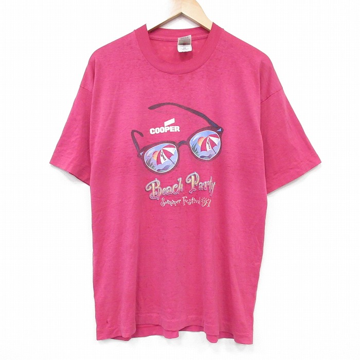 XL★古着 フルーツオブザルーム 半袖 ビンテージ Tシャツ メンズ 90年代 90s ビーチ クルーネック ピンク 25sep06 中古