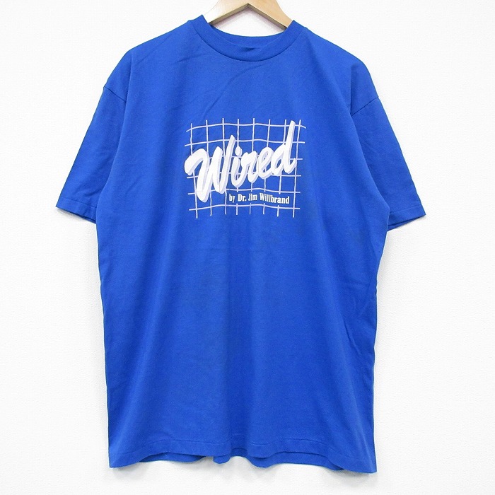 XL★古着 ヘインズ Hanes 半袖 ビンテージ Tシャツ メンズ 80年代 80s Wired クルーネック 青 ブルー 25sep08 中古