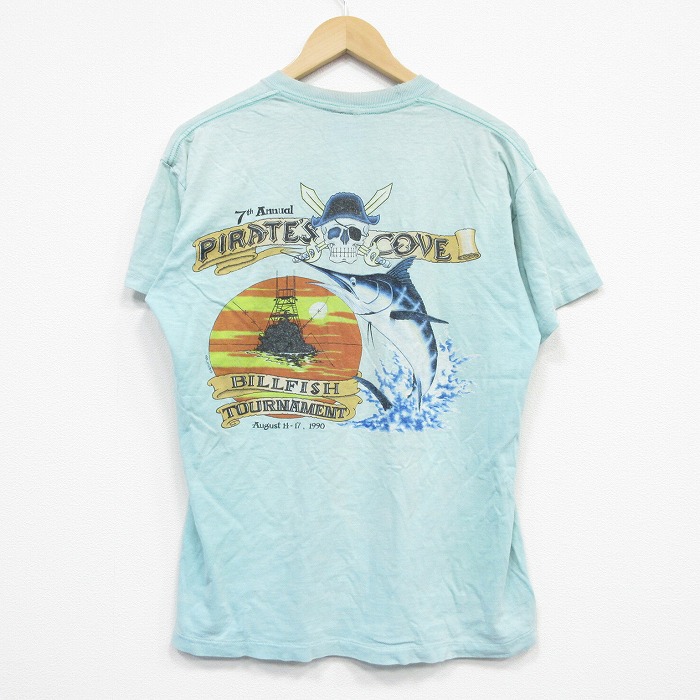 L★古着 半袖 ビンテージ Tシャツ メンズ 90年代 90s パイレーツ カジキ 胸ポケット付き コットン クルーネック USA製 薄緑 グリーン 25sep09 中古