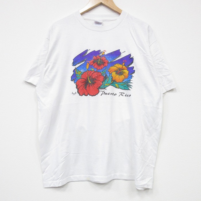 XL★古着 ヘインズ Hanes 半袖 ビンテージ Tシャツ メンズ 90年代 90s ハイビスカス クルーネック USA製 白 ホワイト 25sep09 中古