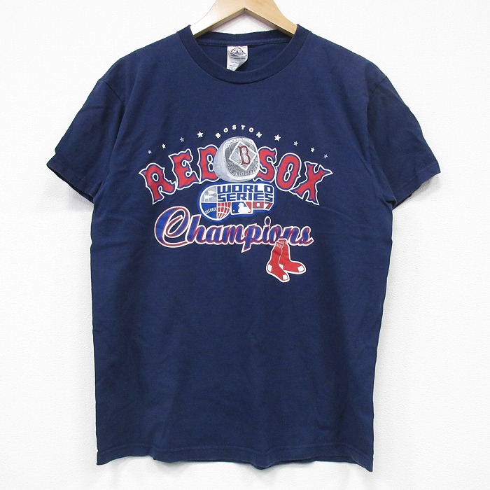 M★古着 半袖 ビンテージ Tシャツ メンズ 00年代 00s MLB ボストンレッドソックス コットン クルーネック 紺 ネイビー メジャーリーグ ベースボール 野球 25sep09 中古