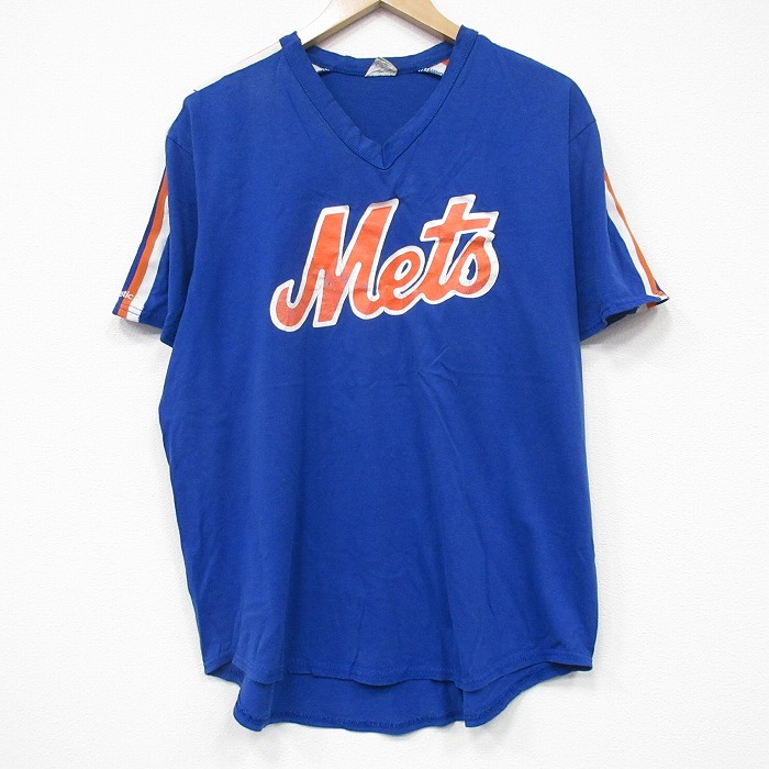 L★古着 半袖 ビンテージ Tシャツ メンズ 80年代 80s MLB ニューヨークメッツ ラグラン Vネック USA製 青 ブルー メジャーリーグ ベースボール 野球 【spe】 25sep09 中古