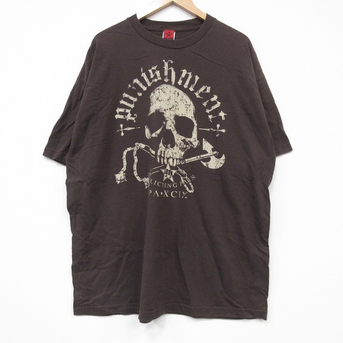 【20%OFF】XL★古着 半袖 ビンテージ Tシャツ メンズ 00年代 00s スカル 大きいサイズ コットン クルーネック こげ茶 ブラウン 25sep09 中古