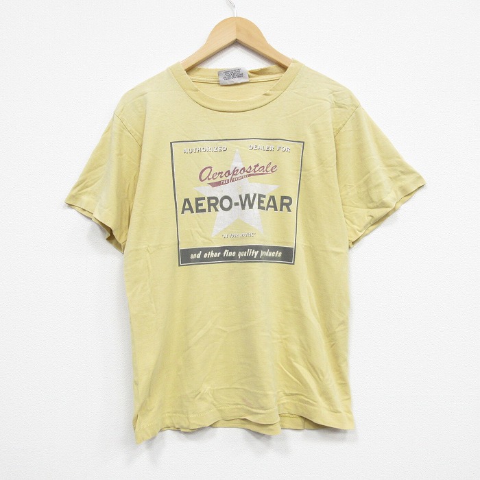 M★古着 エアロポステール AEROPOSTALE 半袖 ビンテージ Tシャツ メンズ 90年代 90s エアロウェア コットン クルーネック USA製 薄黄 イエロー 25sep09 中古