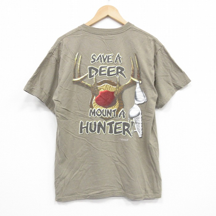 XL★古着 半袖 ビンテージ Tシャツ メンズ 00年代 00s シカ コットン クルーネック 濃ベージュ カーキ 25sep09 中古