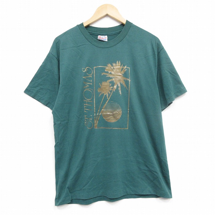 L★古着 ヘインズ Hanes 半袖 ビンテージ Tシャツ メンズ 90年代 90s ヤシの木 クルーネック USA製 緑 グリーン 25sep09 中古