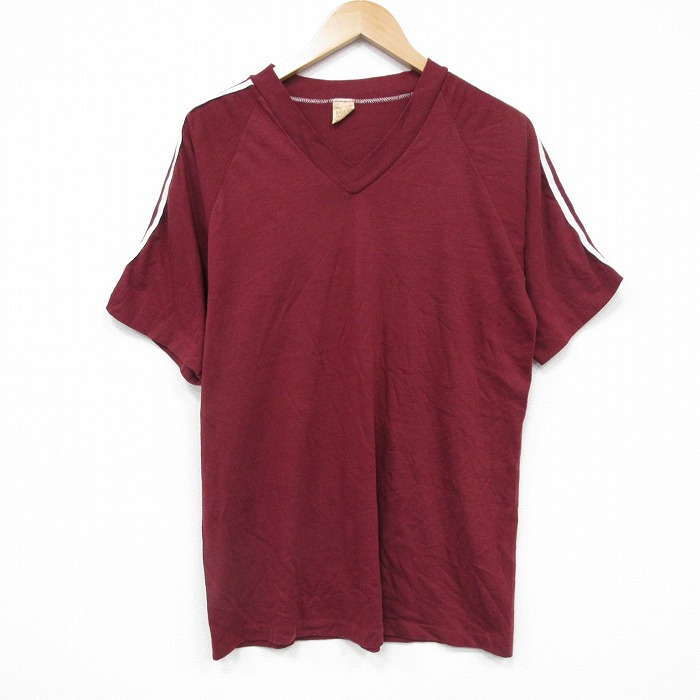 L★古着 半袖 ビンテージ Tシャツ メンズ 80年代 80s 無地 Vネック USA製 エンジ 25sep10 中古