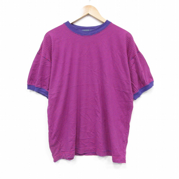 XL★古着 Liz wear 半袖 ビンテージ Tシャツ メンズ 90年代 90s コットン クルーネック 紫他 パープル ボーダー 【spe】 25sep10 中古