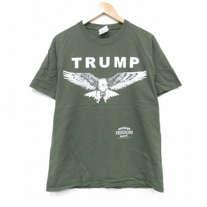 L★古着 半袖 Tシャツ メンズ トランプ大統領 コットン クルーネック 緑 グリーン 25sep10 中古