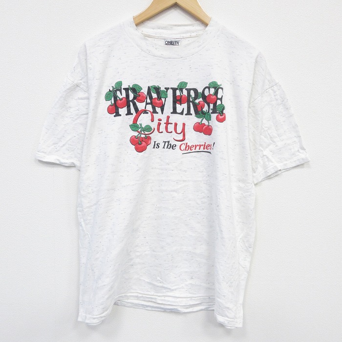 XL★古着 オニータ 半袖 ビンテージ Tシャツ メンズ 90年代 90s サクランボ 大きいサイズ コットン クルーネック 白 ホワイト 霜降り 25sep11 中古