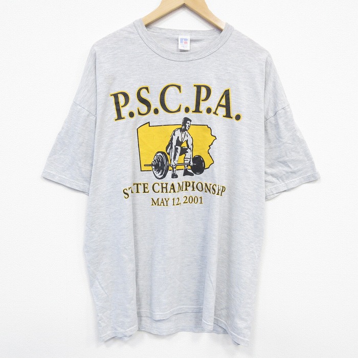 【20%OFF】XL★古着 ラッセル 半袖 ビンテージ Tシャツ メンズ 00年代 00s 重量挙げ 大きいサイズ クルーネック グレー 霜降り 【spe】 25sep11 中古