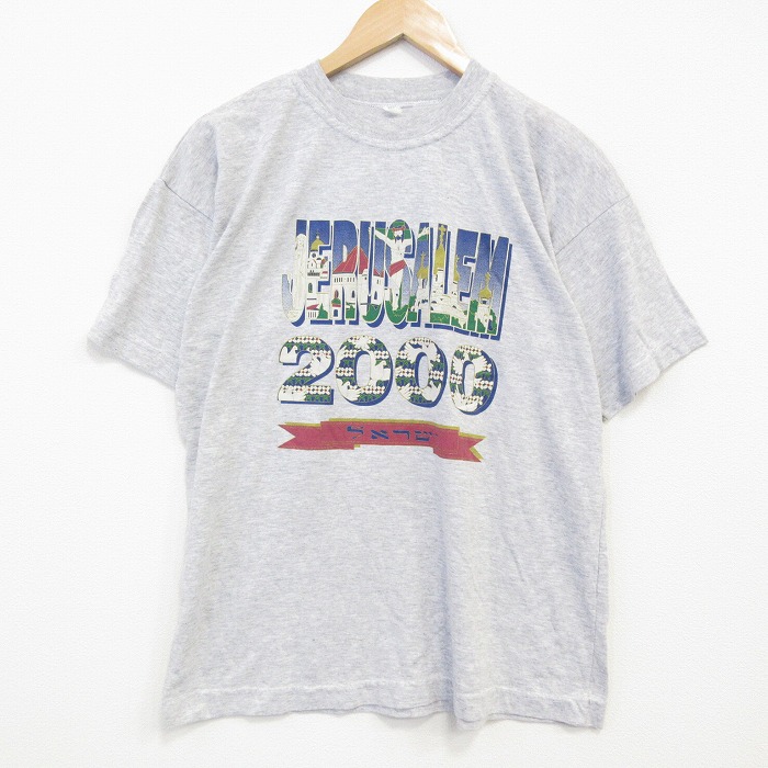 L★古着 半袖 ビンテージ Tシャツ メンズ 00年代 00s JERUSALEM クルーネック 薄グレー 霜降り 25sep11 中古