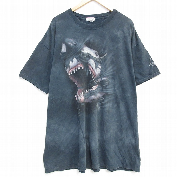XL★古着 半袖 ビンテージ Tシャツ メンズ 00年代 00s サメ 大きいサイズ ロング丈 コットン クルーネック 濃緑 グリーン タイダイ 25sep11 中古