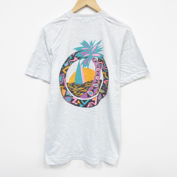 L★古着 フルーツオブザルーム 半袖 ビンテージ Tシャツ メンズ 90年代 90s ヤシの木 コットン クルーネック USA製 薄グレー 霜降り 25sep11 中古