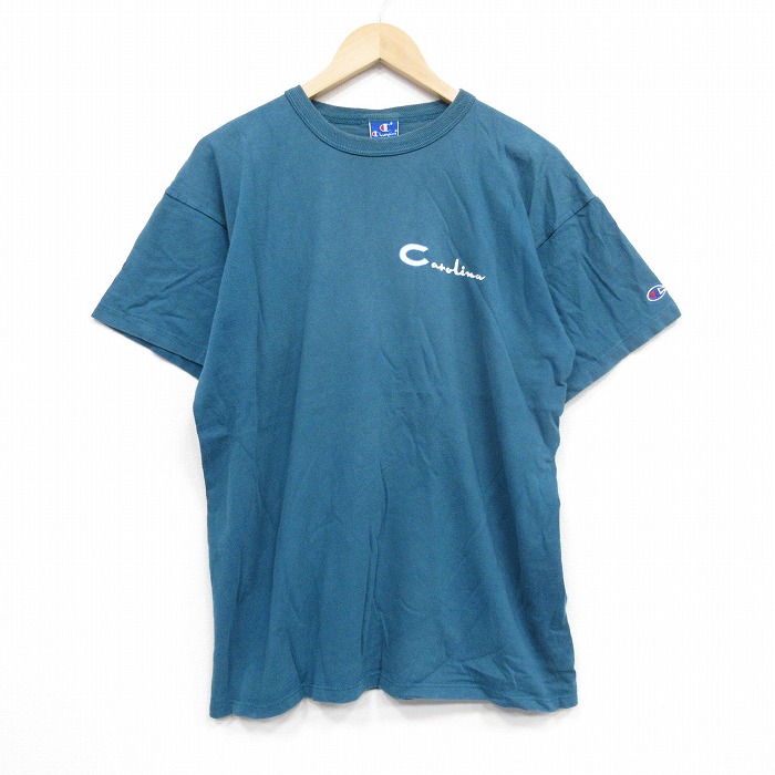XL★古着 半チャンピオン champion 袖 ビンテージ Tシャツ メンズ 90年代 90s カロライナ コットン クルーネック USA製 青緑 25sep12 中古 半袖