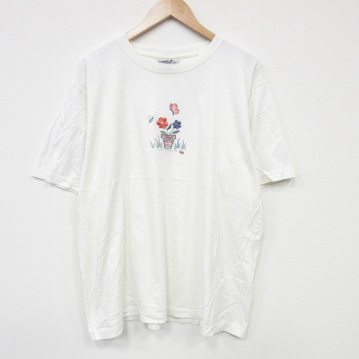 XL★古着 NORTHERN REFLECTIONS 半袖 ビンテージ Tシャツ メンズ 00年代 00s 花 刺繍 大きいサイズ コットン クルーネック カナダ製 白 ホワイト 25sep12 中古