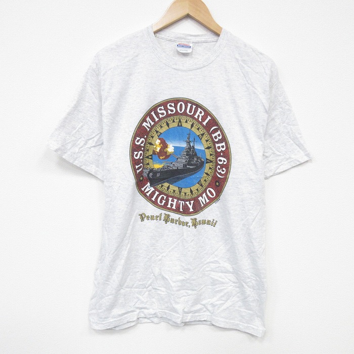 M★古着 ヘインズ Hanes 半袖 ビンテージ Tシャツ メンズ 00年代 00s 軍艦 コットン クルーネック 薄グレー 霜降り 25sep12 中古