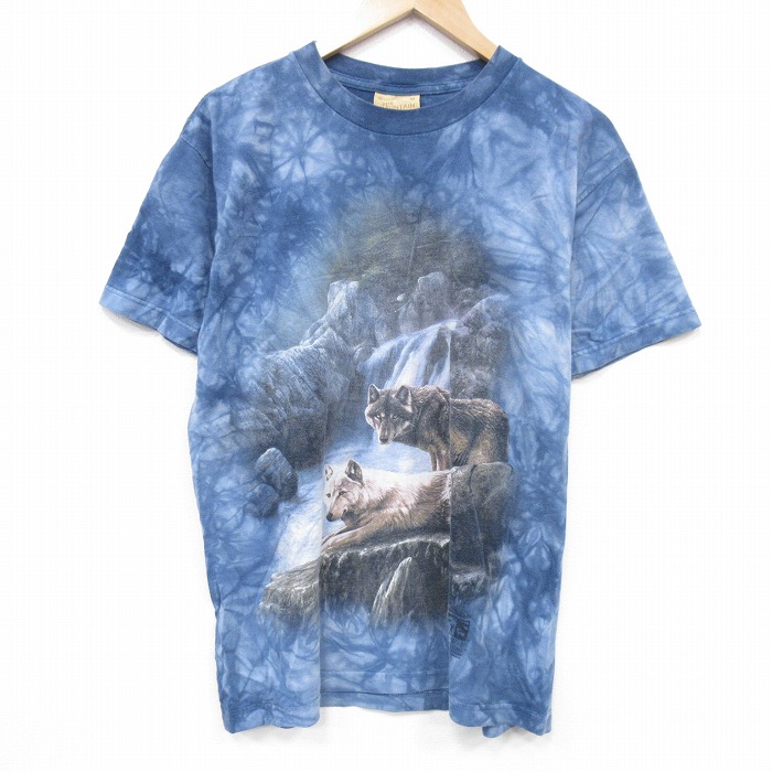 L★古着 THE MOUNTAIN 半袖 ビンテージ Tシャツ メンズ 90年代 90s オオカミ コットン クルーネック 紺他 ネイビー タイダイ 25sep12 中古