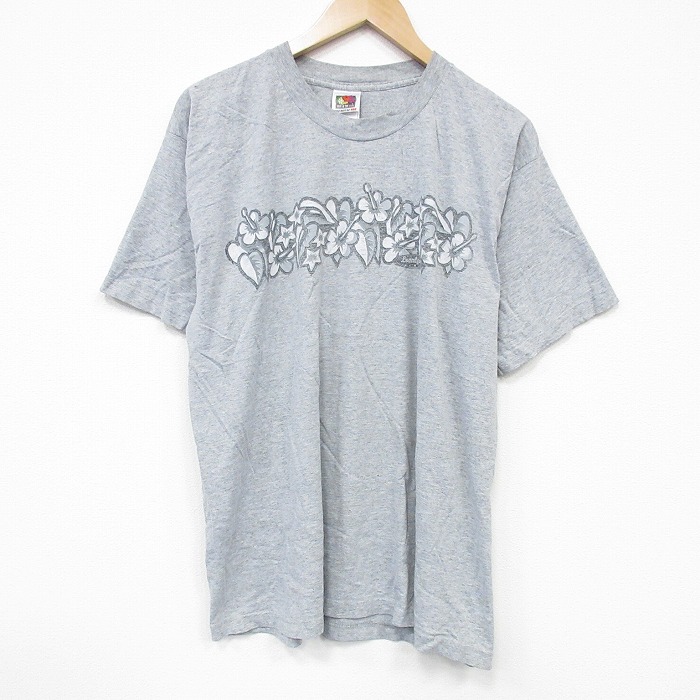 XL★古着 フルーツオブザルーム 半袖 ビンテージ Tシャツ メンズ 00年代 00s ハイビスカス クルーネック グレー 霜降り 25sep12 中古