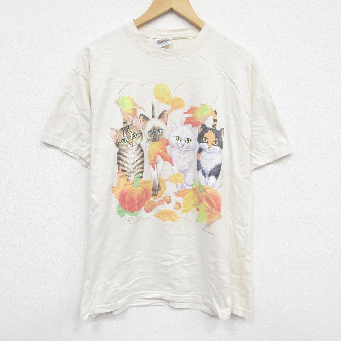L★古着 ヘインズ Hanes 半袖 ビンテージ Tシャツ メンズ 90年代 90s ネコ 両面プリント コットン クルーネック ベージュ カーキ 【spe】 25sep13 中古