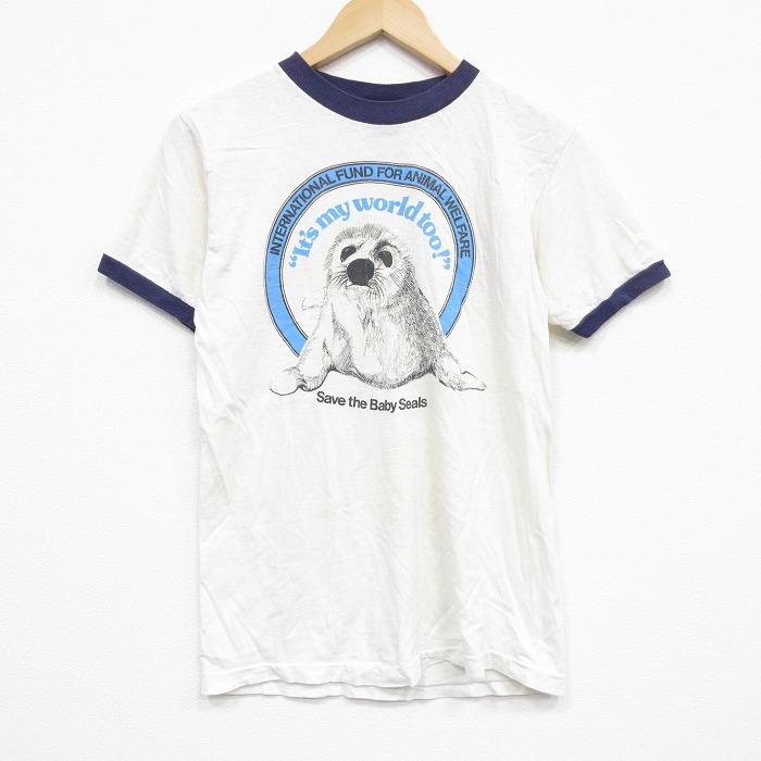 S★古着 半袖 ビンテージ Tシャツ メンズ 80年代 80s アザラシ コットン クルーネック USA製 白 ホワイト 25sep13 中古