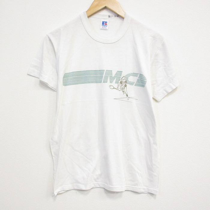 【20%OFF】M★古着 ラッセル 半袖 ビンテージ Tシャツ メンズ 80年代 80s テニス クルーネック USA製 白 ホワイト 25sep16 中古