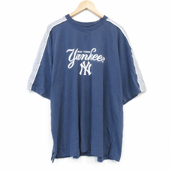 XL★古着 半袖 ビンテージ Tシャツ メンズ 00年代 00s MLB ニューヨークヤンキース 大きいサイズ クルーネック 紺他 ネイビー メジャーリーグ ベースボール 野球 25sep17 中古