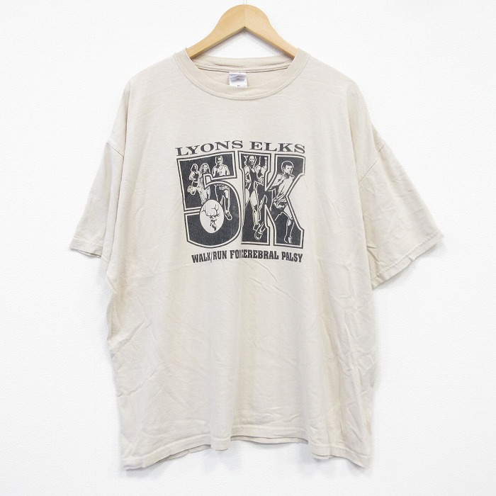 XL★古着 半袖 ビンテージ Tシャツ メンズ 00年代 00s マラソン 企業広告 大きいサイズ コットン クルーネック ベージュ カーキ 25sep18 中古