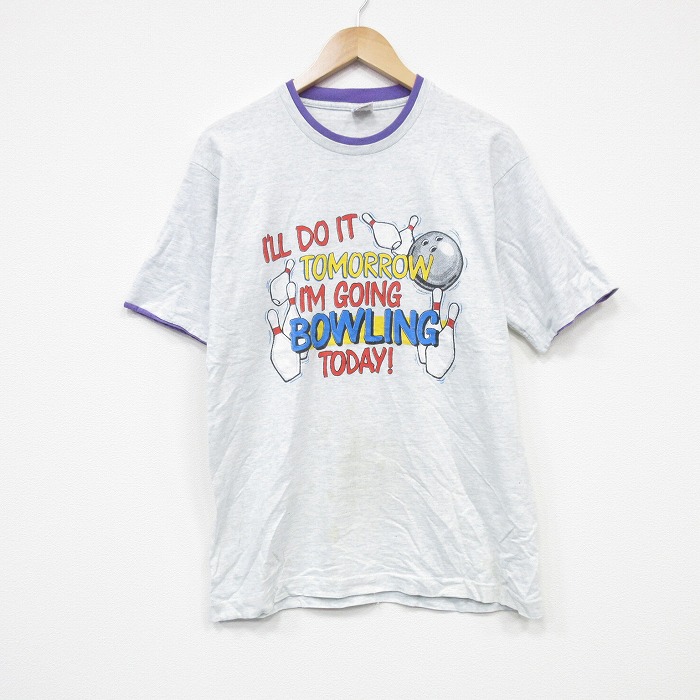 M★古着 フルーツオブザルーム 半袖 ビンテージ Tシャツ メンズ 90年代 90s ボウリング コットン クルーネック USA製 薄グレー 霜降り 25sep18 中古