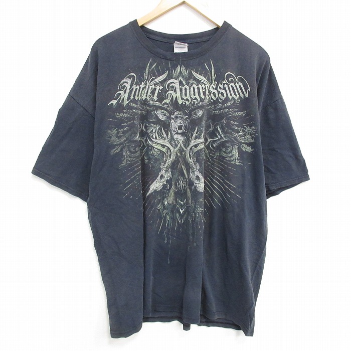 XL★古着 半袖 ビンテージ Tシャツ メンズ 00年代 00s シカ 大きいサイズ コットン クルーネック 黒 ブラック 25sep19 中古