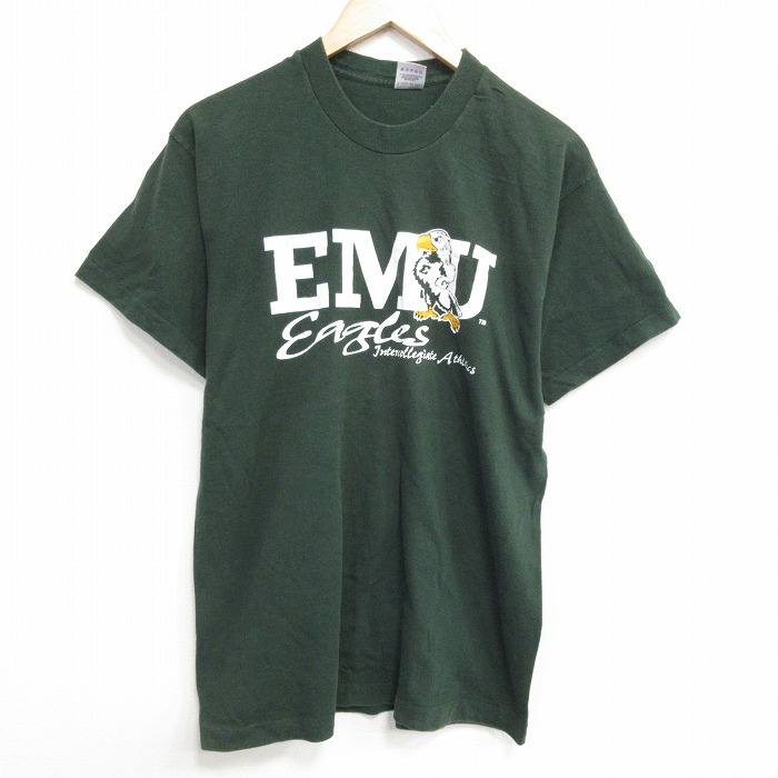 L★古着 フルーツオブザルーム 半袖 ビンテージ Tシャツ メンズ 90年代 90s EMU コットン クルーネック USA製 濃緑 グリーン 25sep19 中古