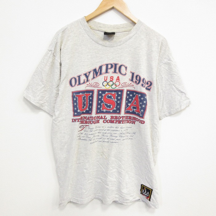 XL★古着 半袖 ビンテージ Tシャツ メンズ 90年代 90s USAオリンピック 大きいサイズ コットン クルーネック 薄グレー 霜降り 25sep19 中古