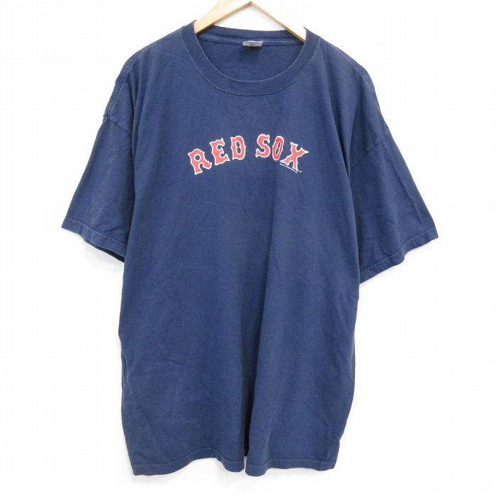 XL★古着 半袖 ビンテージ Tシャツ メンズ 00年代 00s MLB ボストンレッドソックス 大きいサイズ コットン クルーネック 紺 ネイビー メジャーリーグ ベースボール 野球 25sep19 中古