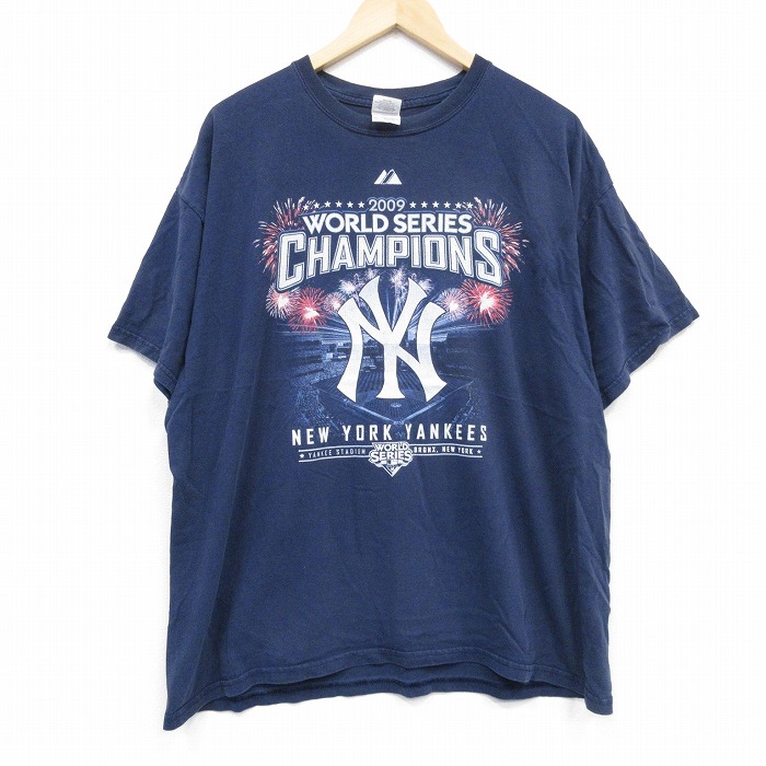 XL★古着 半袖 ビンテージ Tシャツ メンズ 00年代 00s MLB ニューヨークヤンキース 大きいサイズ コットン クルーネック 紺 ネイビー メジャーリーグ ベースボール 野球 25sep19 中古