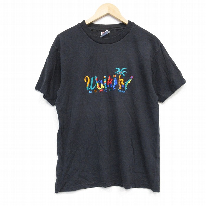 M★古着 ヘインズ Hanes 半袖 ビンテージ Tシャツ メンズ 00年代 00s ハイキキビーチ 刺繍 コットン クルーネック 黒 ブラック 25sep19 中古