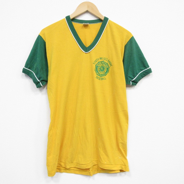 【20%OFF】L★古着 ラッセル 半袖 ビンテージ Tシャツ メンズ 70年代 70s ベースボール Vネック 黄他 イエロー 【spe】 25sep19 中古