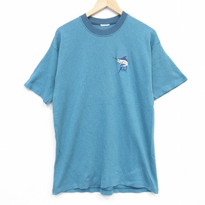 L★古着 半袖 ビンテージ Tシャツ メンズ 90年代 90s 魚 GUY HARVEY クルーネック 青緑 ストライプ 25sep19 中古