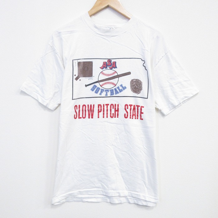 XL★古着 ヘインズ Hanes 半袖 ビンテージ Tシャツ メンズ 80年代 80s ソフトボール コットン クルーネック USA製 白 ホワイト 25sep20 中古