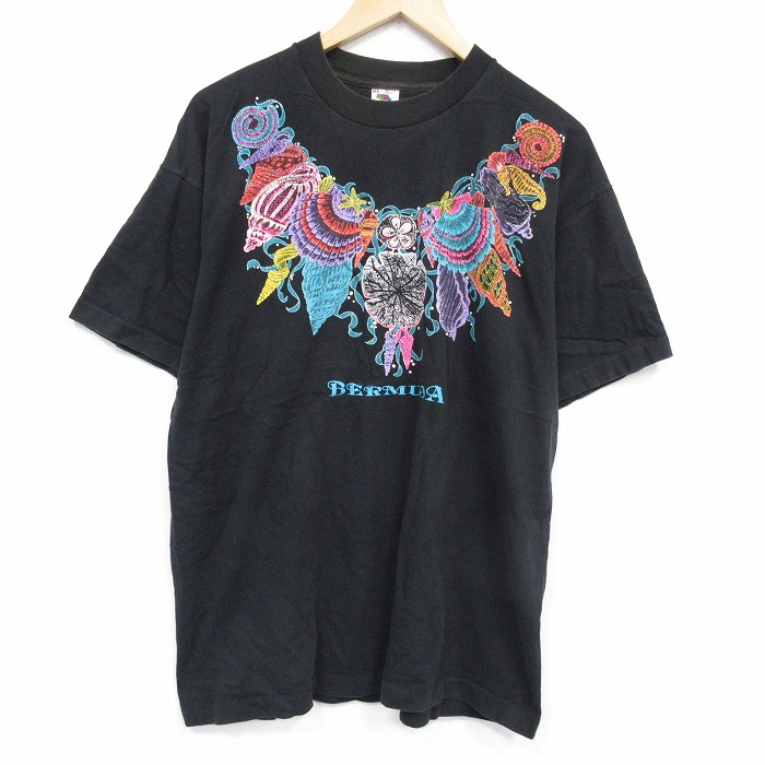 【20%OFF】XL★古着 フルーツオブザルーム 半袖 ビンテージ Tシャツ メンズ 90年代 90s バミューダ 大きいサイズ コットン クルーネック USA製 黒 ブラック 25sep22 中古