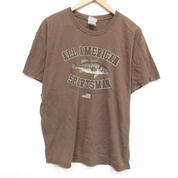 L★古着 半袖 ビンテージ Tシャツ メンズ 00年代 00s 魚 コットン クルーネック 茶 ブラウン 25sep22 中古