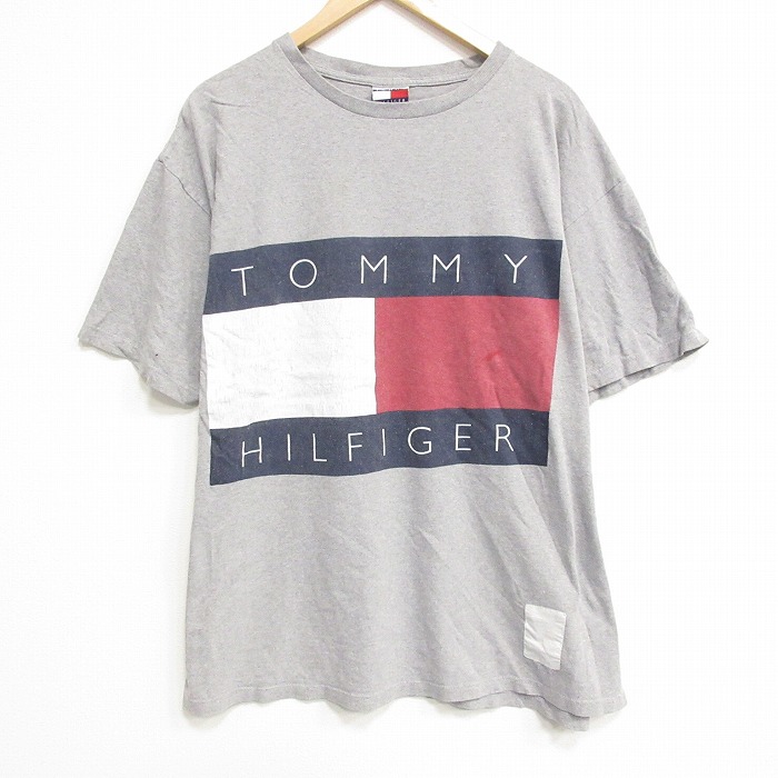 XL★古着 トミーヒルフィガー TOMMY HILFIGER 半袖 ビンテージ ブランド Tシャツ メンズ 90年代 90s ビッグロゴ 大きいサイズ コットン クルーネック USA製 グレー 霜降り 【spe】 25sep22 中古